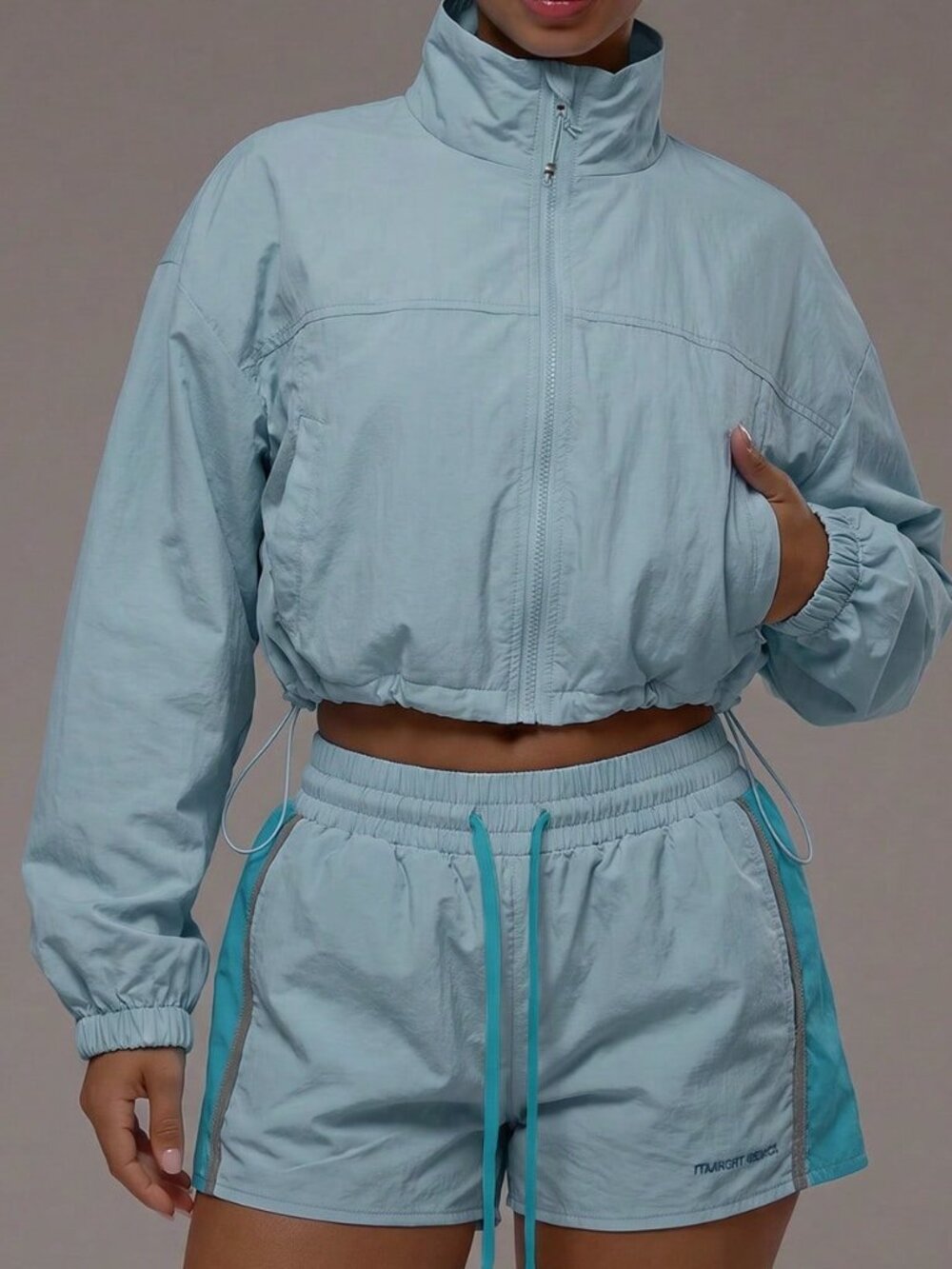 Baby Blue Casual Women's Sport Active Funnel Neck Cropped Jacket